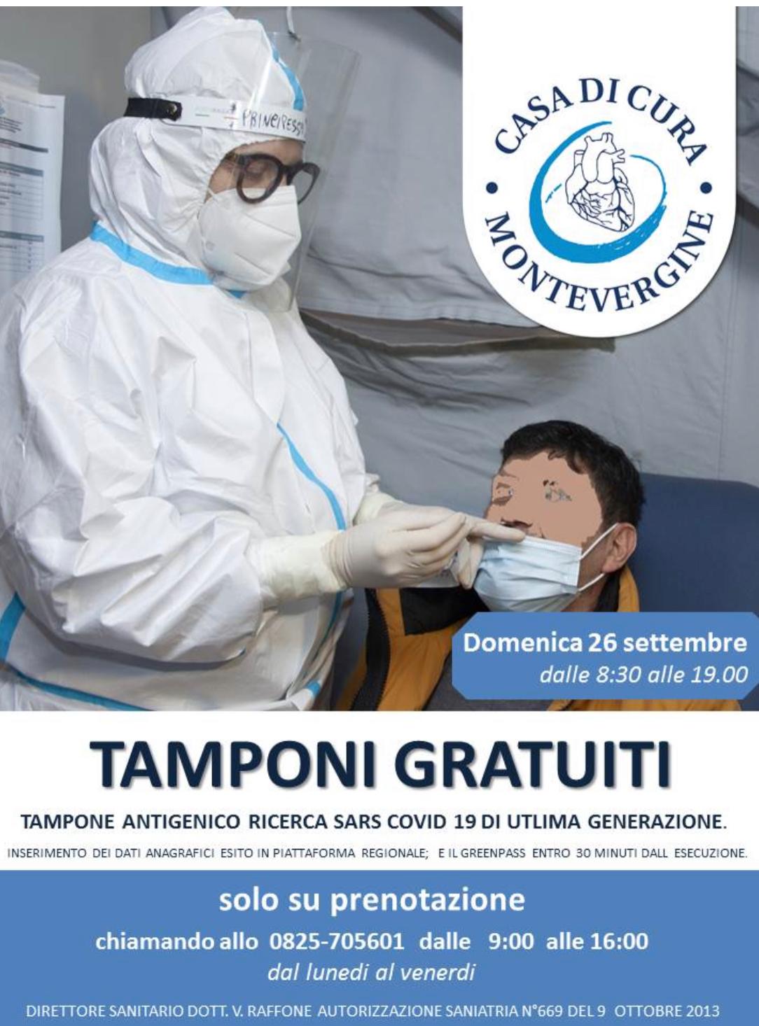  Tamponi antigenici gratuiti, su prenotazione, il 26 settembre